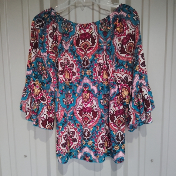 Women's Colorful Aqua Blue Floral Tunic Top Size Small All Over Print Flowers - Picture 1 of 4